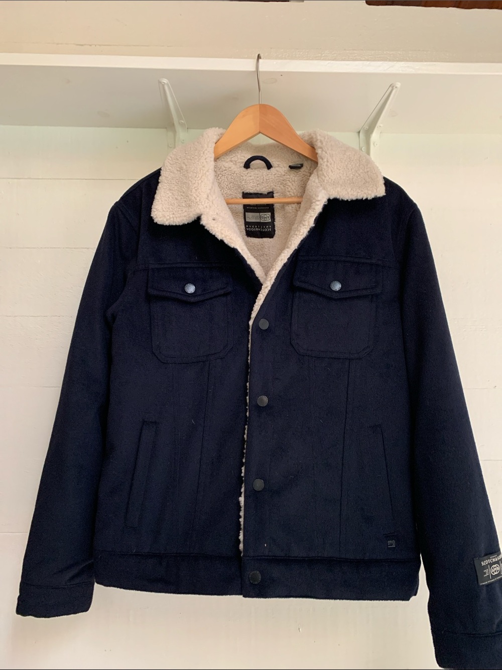 Men’s Scotch & Soda Navy Jacket with Cream Sherpa Collar